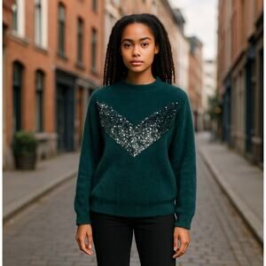 Cara Santana Nine West Emerald Green Sequin Sweater Fuzzy Soft Women’s Sz M